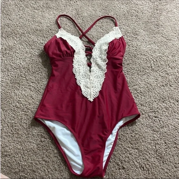 Cupshe Lace Trim Criss Cross Plunge Cutout One Piece Backless Bathing suit - Picture 2 of 7